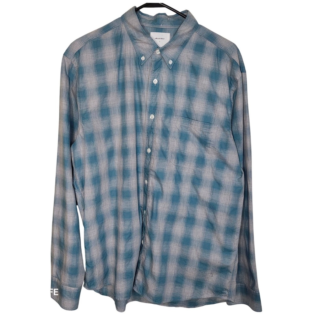 Billy Reid Plaid Button Down Shirt Mens Large Blue Teal Standard Fit Long Sleeve